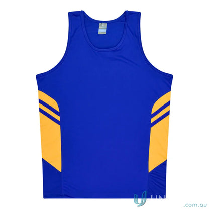 Kids Tasman Singlet in blue and gold athletic fabric perfect for uniforms or workwear