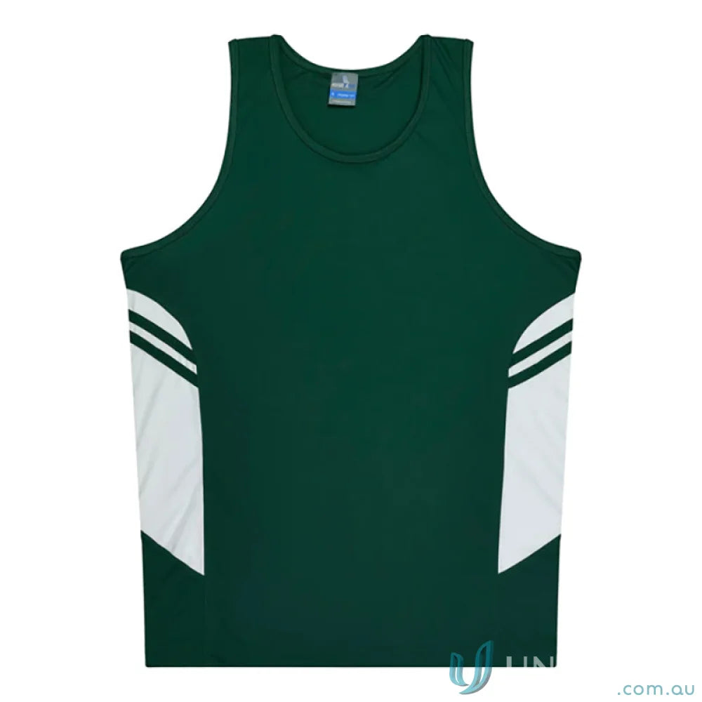 Bright green and white Kids Tasman Singlet made from comfy fabric, perfect for uniforms or workwear