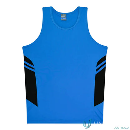Kids Tasman Singlet athletic tank top in blue and black breathable fabric for uniforms or workwear