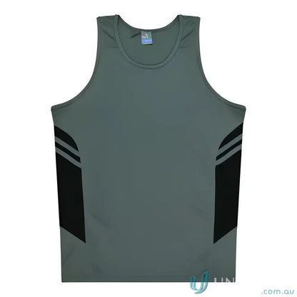 Gray and black athletic tank top made of comfy fabric, perfect for Kids Tasman Singlet uniforms