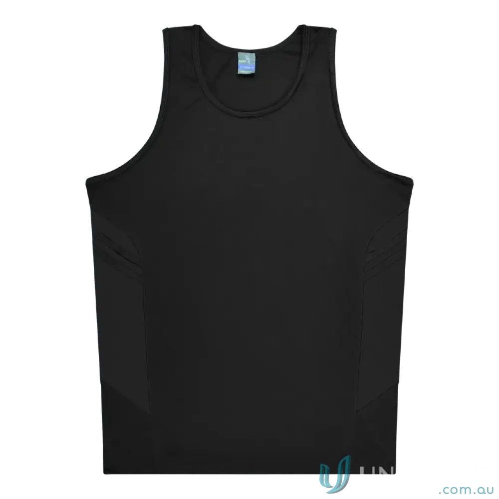 Kids Tasman Singlet dark colours black sleeveless tank top with light blue fabric tag