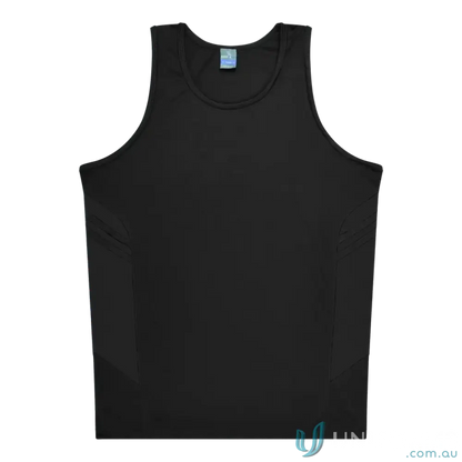 Kids Tasman Singlet dark colours black sleeveless tank top with light blue fabric tag