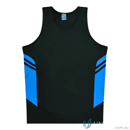 Kids Tasman Singlet athletic tank top in black and blue fabric perfect for uniforms
