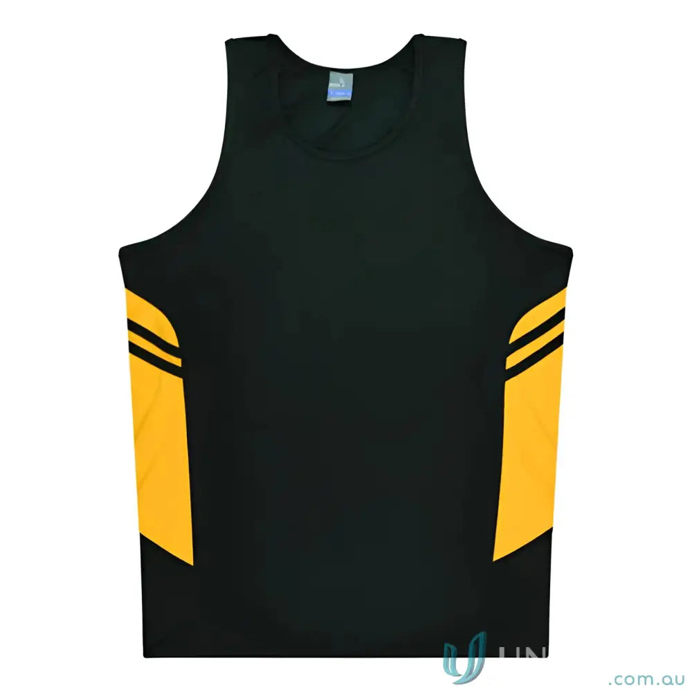 Kids Tasman Singlet black and gold athletic tank top fabric ideal for uniforms or workwear