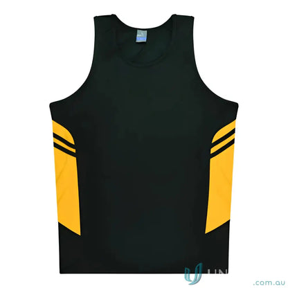 Kids Tasman Singlet black and gold athletic tank top fabric ideal for uniforms or workwear