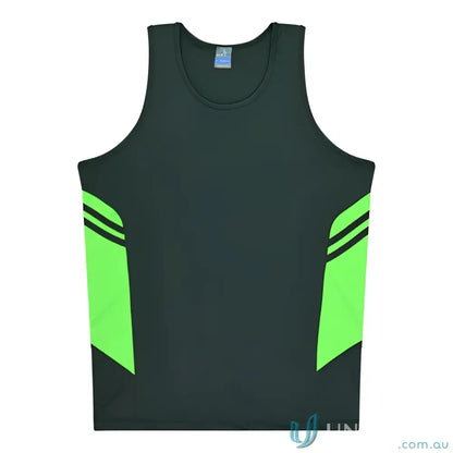 Kids Tasman Singlet sleeveless athletic shirt with green fabric side panels perfect for uniforms or workwear