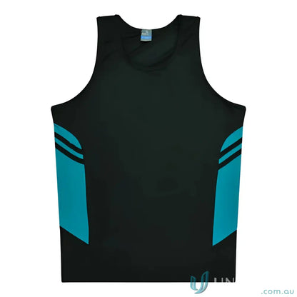 Kids Tasman Singlet black and teal athletic tank top made with comfy fabric for uniforms or workwear