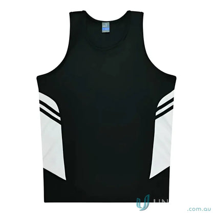 Kids Tasman Singlet black and white athletic tank top, comfy fabric for uniforms or workwear