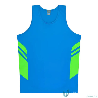 Kids Tasman Singlet in blue and green fabric, perfect for sporty workwear or uniforms
