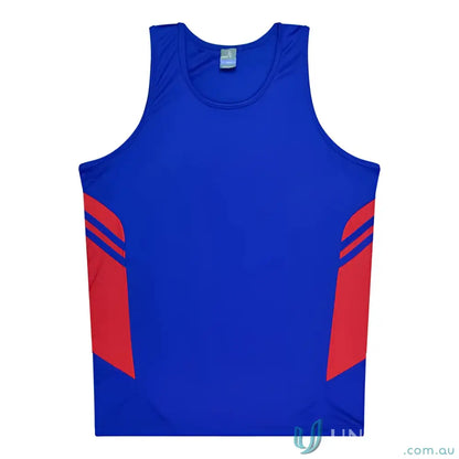 Kids Tasman Singlet athletic tank top in blue and red fabric perfect for uniforms or workwear