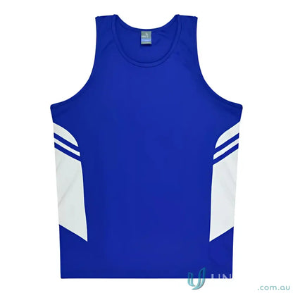 Blue and white athletic tank top made of breathable fabric perfect for Kids Tasman Singlet uniforms