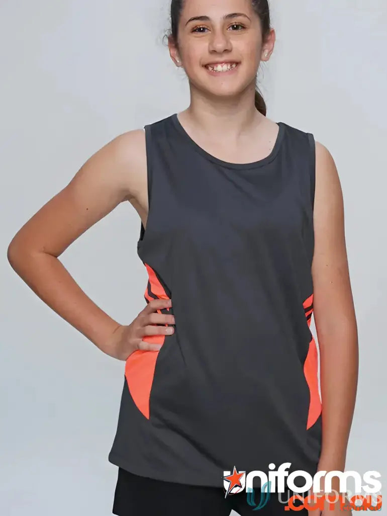 Gray and orange athletic tank top made from breathable fabric for kids’ uniforms or workwear