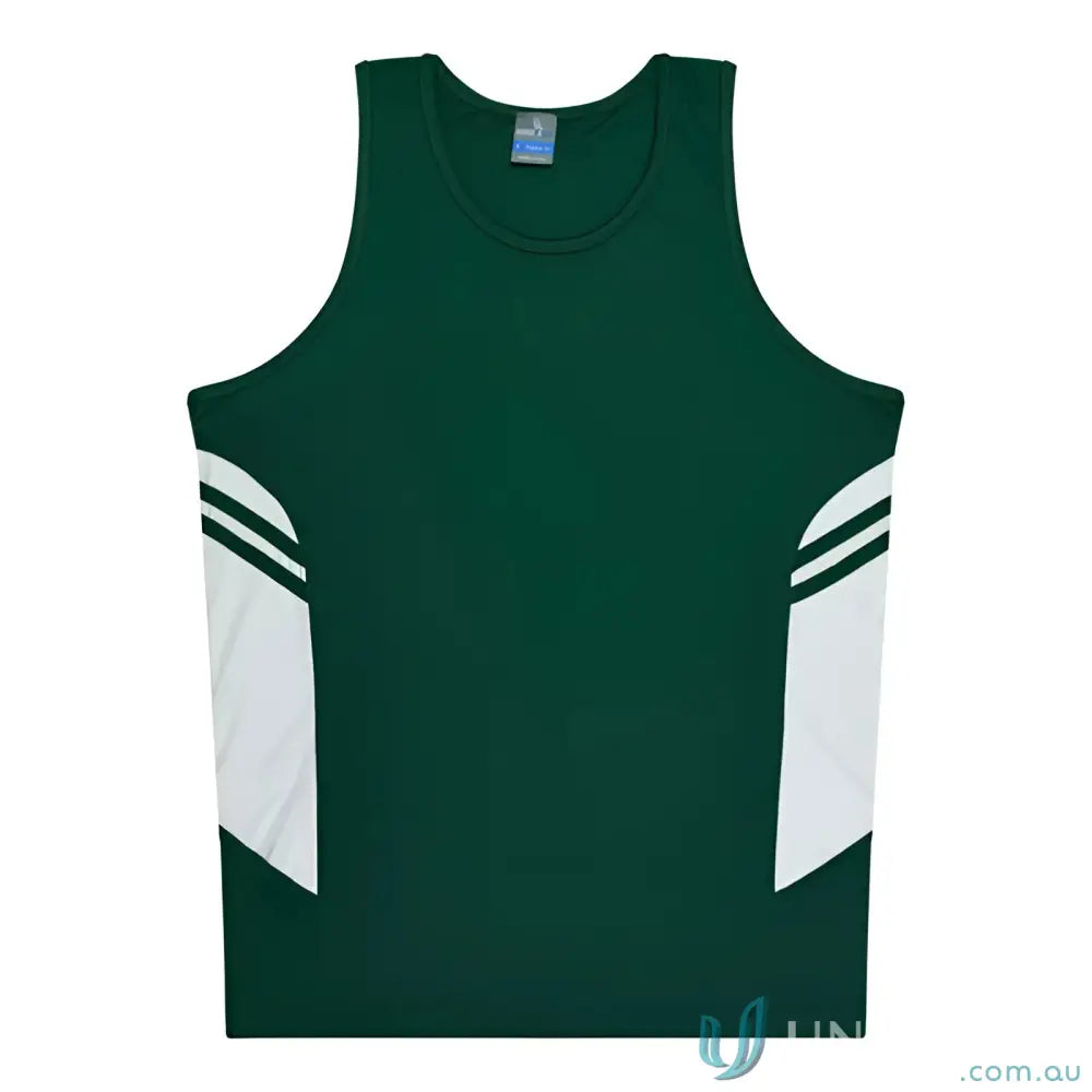 Bright green and white Kids Tasman Singlet made from comfy fabric, perfect for uniforms or workwear