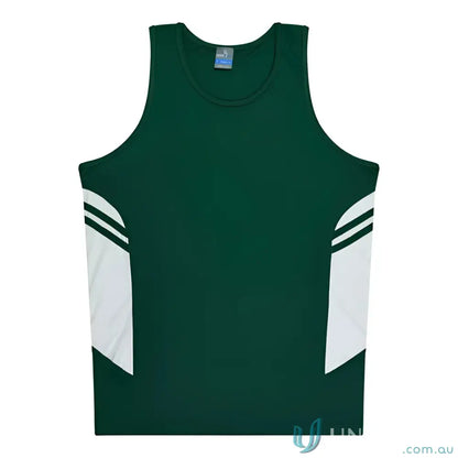 Bright green and white Kids Tasman Singlet made from comfy fabric, perfect for uniforms or workwear