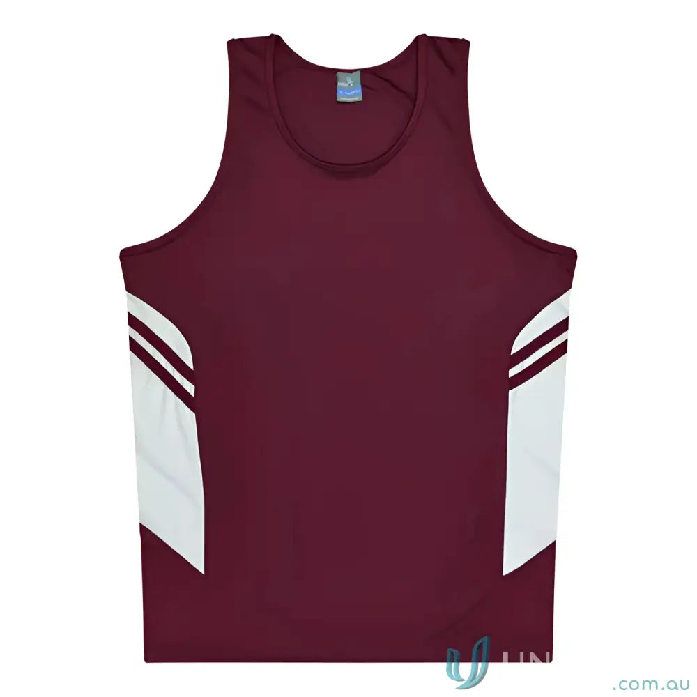 Kids Tasman Singlet in maroon and white fabric perfect for team uniforms or workwear