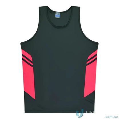 Kids Tasman Singlet athletic tank top in pink and black fabric, great for uniforms or workwear