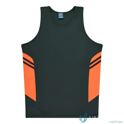 Kids Tasman Singlet with gray and orange fabric, perfect for sports workwear or uniforms