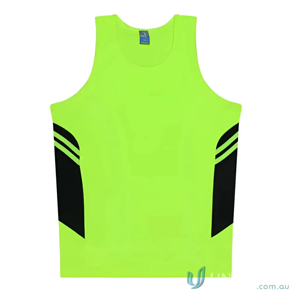 Kids Tasman Singlet neon green tank top with black side panels, made of comfy fabric for uniforms or workwear