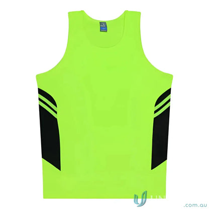 Kids Tasman Singlet neon green tank top with black side panels, made of comfy fabric for uniforms or workwear