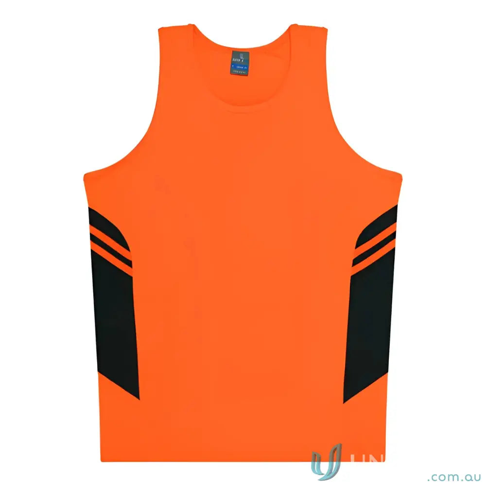 Kids Tasman Singlet athletic tank top in orange and black, made with breathable fabric perfect for uniforms or workwear