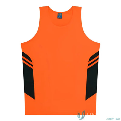 Kids Tasman Singlet athletic tank top in orange and black, made with breathable fabric perfect for uniforms or workwear