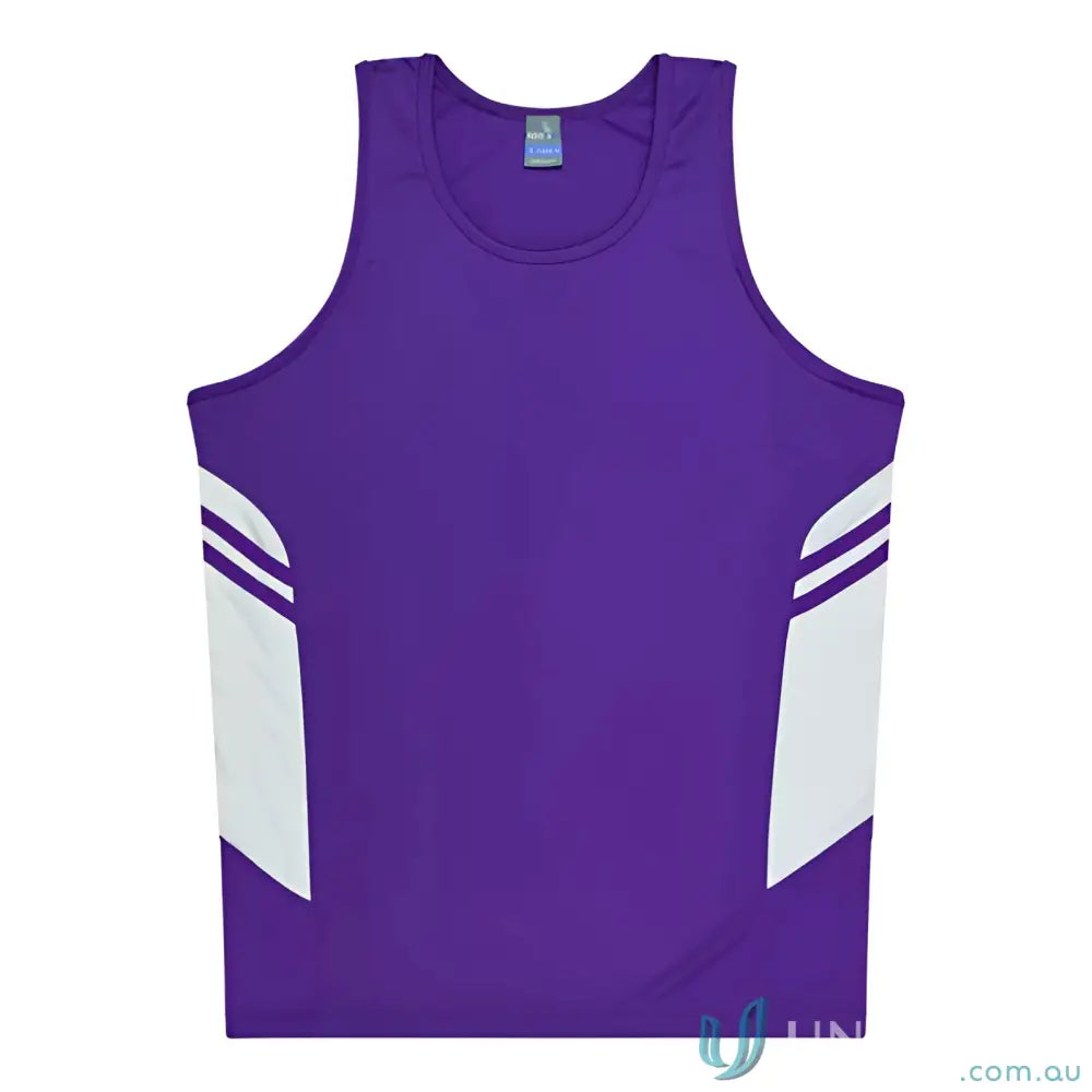 Kids Tasman Singlet featuring purple and white athletic tank top made with comfy fabric