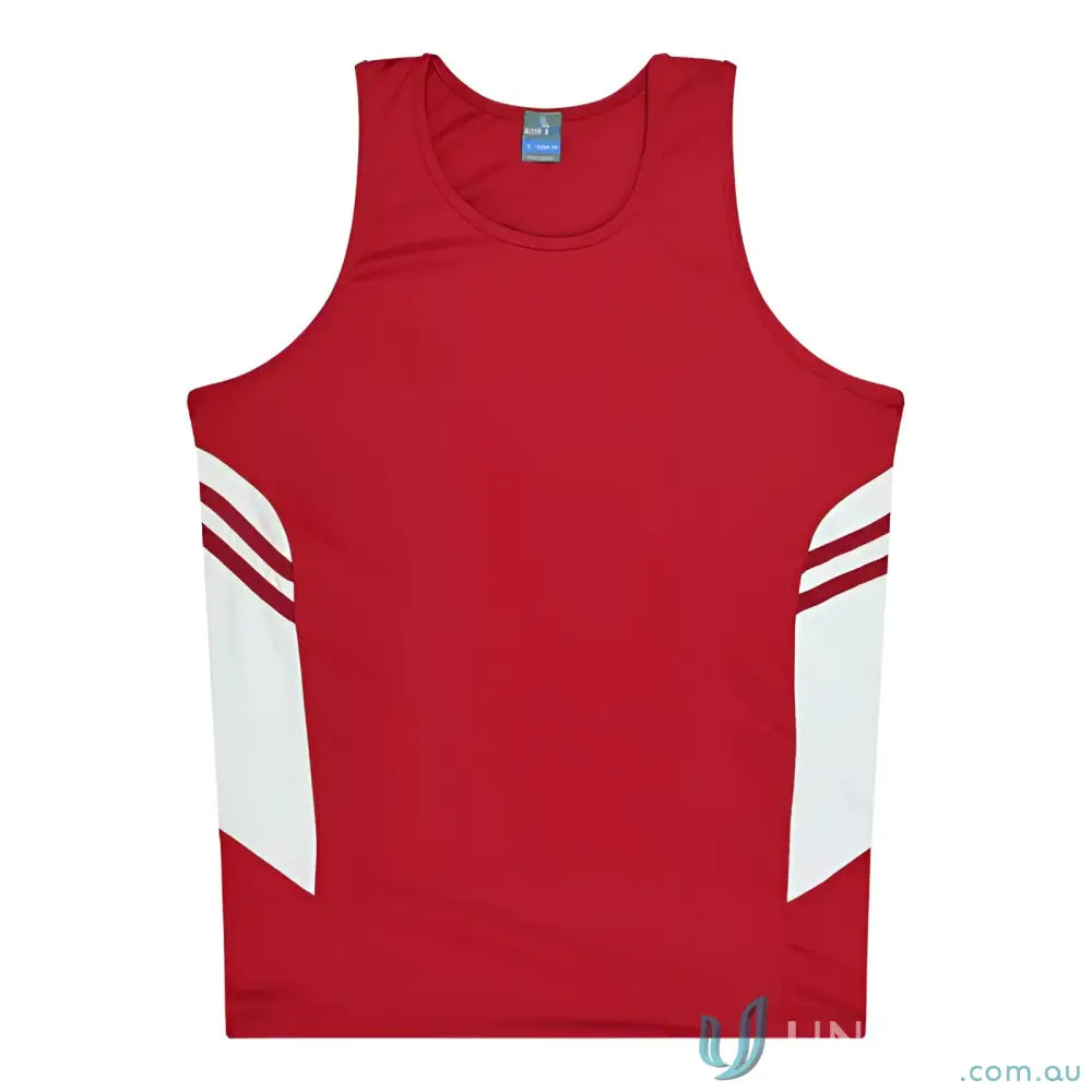 Kids Tasman Singlet red and white athletic tank top made from breathable fabric for uniforms