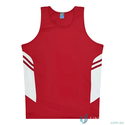 Kids Tasman Singlet red and white athletic tank top made from breathable fabric for uniforms