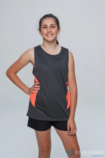 Smiling girl in Kids Tasman Singlet dark colours, comfy fabric for uniforms or workwear