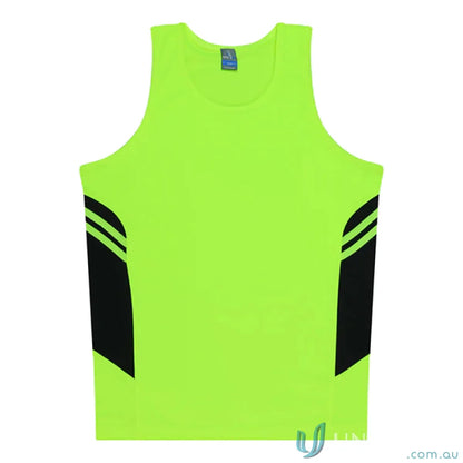Kids Tasman Singlet neon green tank top with black side panels, made of comfy fabric for uniforms or workwear