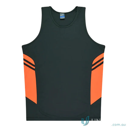 Kids Tasman Singlet with gray and orange fabric, perfect for sports workwear or uniforms