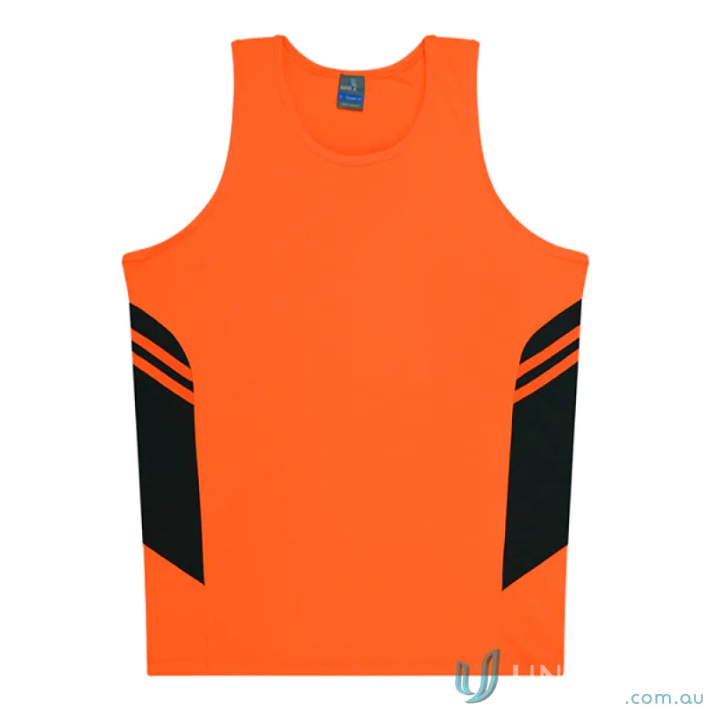 Kids Tasman Singlet athletic tank top in orange and black, made with breathable fabric perfect for uniforms or workwear