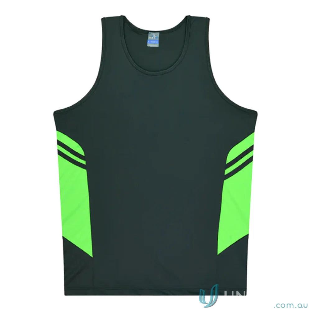 Kids Tasman Singlet sleeveless athletic shirt with green fabric side panels perfect for uniforms or workwear