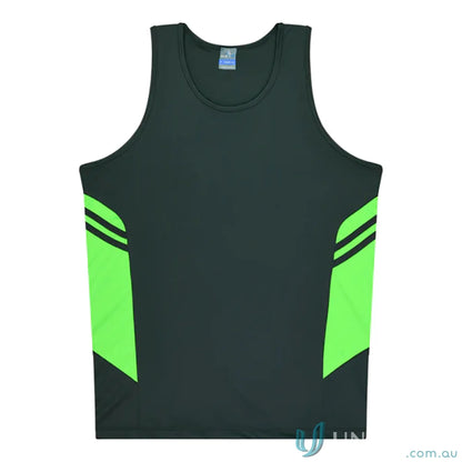 Kids Tasman Singlet sleeveless athletic shirt with green fabric side panels perfect for uniforms or workwear