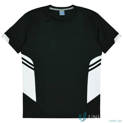Kids Tasman Tee in black and white athletic fabric, perfect for uniforms or workwear