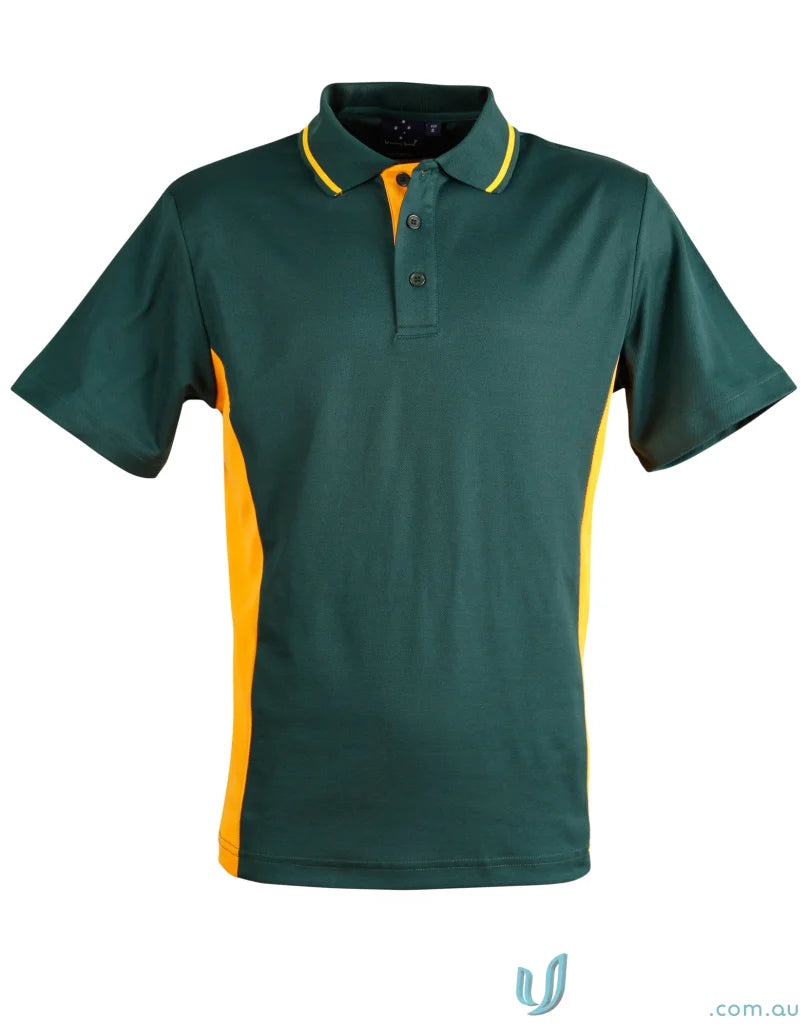 Kids Team Mate Polo in dark green with gold side panels and collar trim ps73k ps73k teammate polo