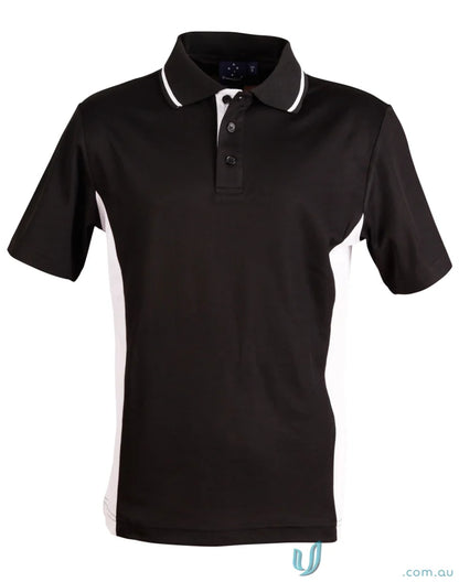 Kids Team Mate Polo in black with white side panels and collar piping ps73k ps73k teammate polo