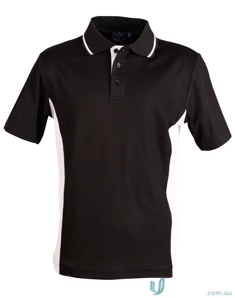Kids Team Mate Polo in black with white side panels and collar piping ps73k ps73k teammate polo
