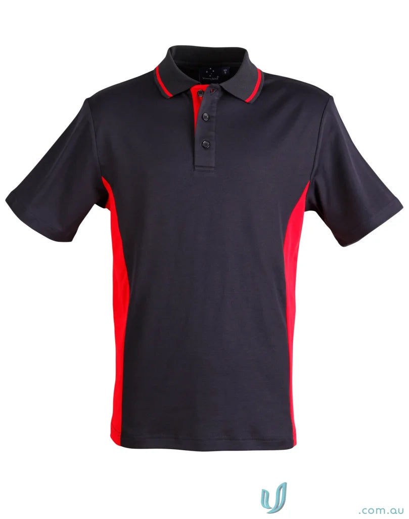 Kids Team Mate Polo in dark grey with red side panels and collar trim ps73k ps73k teammate polo