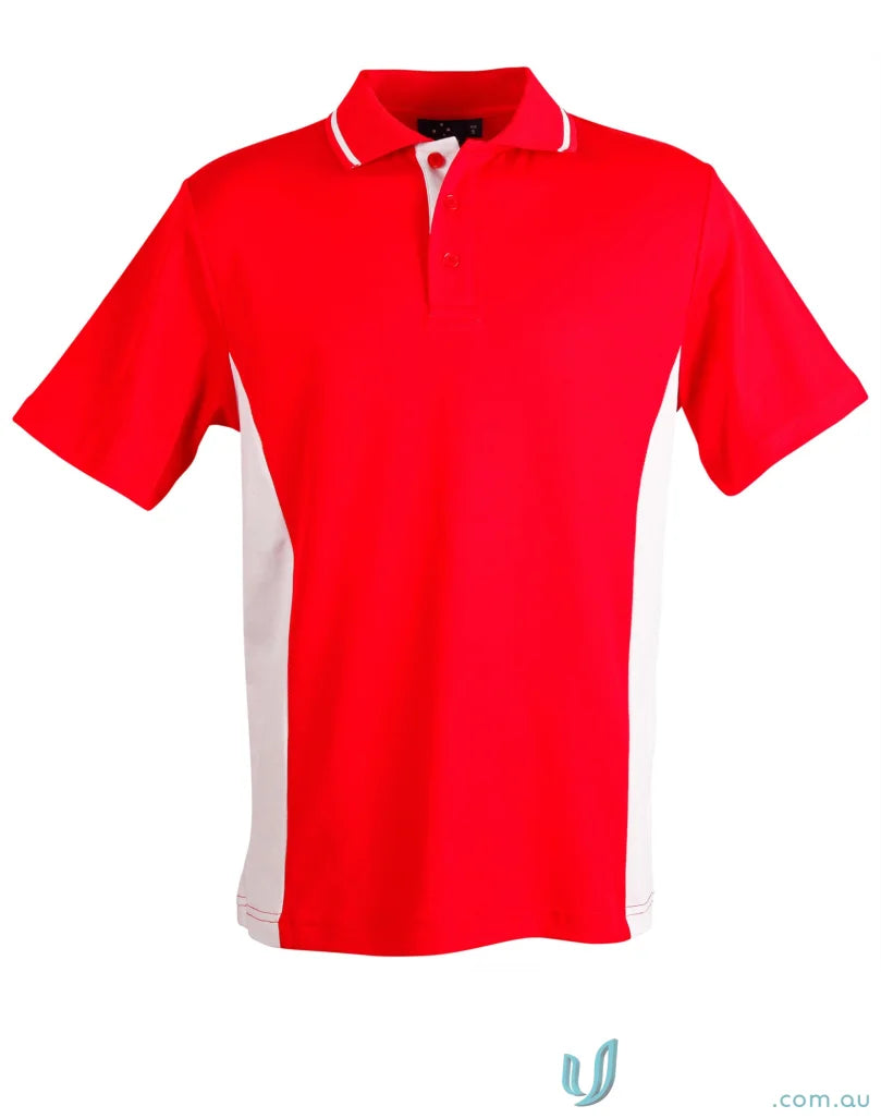 Kids Team Mate Polo in red with white side panels and collar trim, ps73k teammate polo