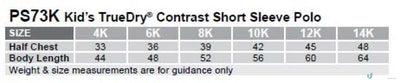 Size chart for Kids Team Mate Polo ps73k Teammate Polo TrueDry Contrast Short Sleeve