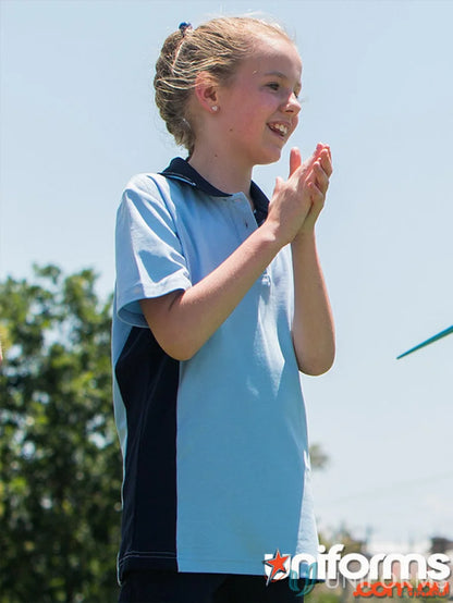 Kids Team Mate Polo ps73k with a light blue and dark blue short-sleeved shirt