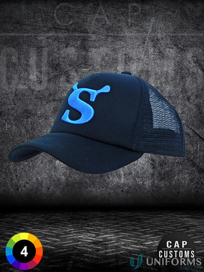 Kids Trucker Cap with light blue S embroidery, perfect for uniforms or workwear FAQ link