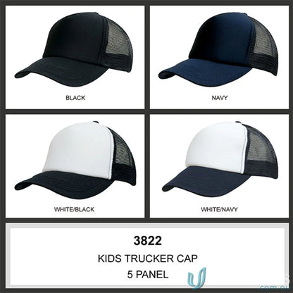 Kids Trucker Cap styles in black, navy, and white, perfect for uniforms or workwear FAQ link