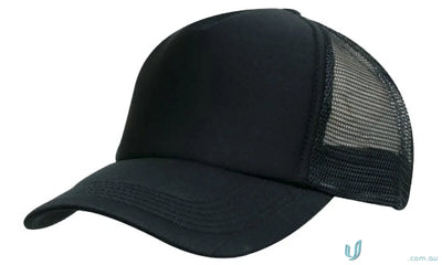 Kids Trucker Cap with plain black mesh-back, perfect for uniforms or workwear FAQs link