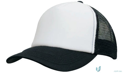Kids Trucker Cap with two-tone white foam front and black mesh back, perfect for uniforms or casual workwear