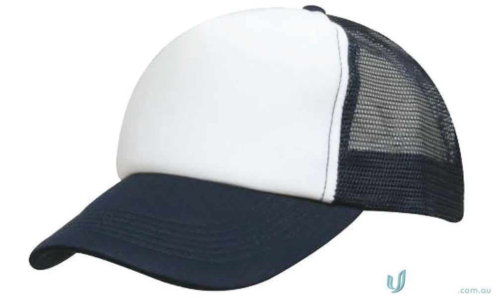 Kids Trucker Cap with mesh back navy and white for uniforms or workwear, faq link available