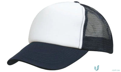 Kids Trucker Cap with mesh back navy and white for uniforms or workwear, faq link available