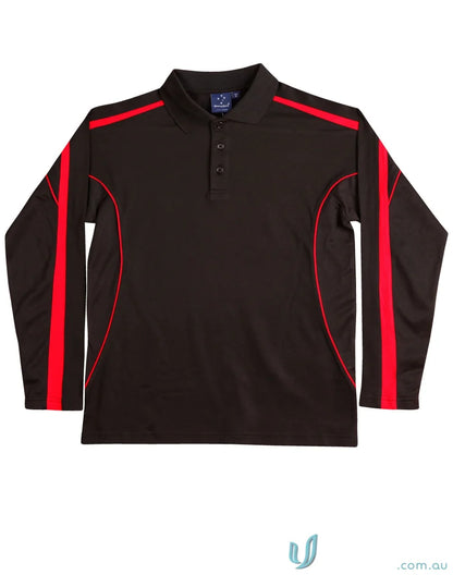 Kids TrueDry Legend LS Polo black long sleeve with red accents, perfect fashion long sleeve shirt