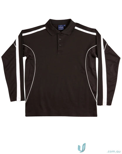 Kids TrueDry Legend LS Polo with black long sleeve and white stripes for fashion long sleeve style